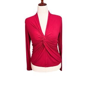 CAbi red Glamour knot long sleeve twist front deep v knit top Sz M